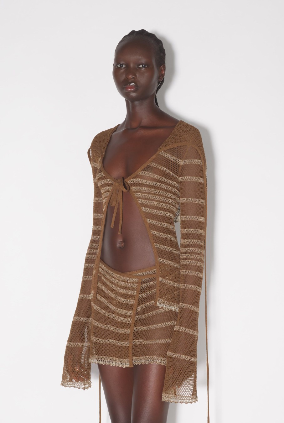 Jpg X Connaissances Jean Paul Gaultier | Le Cardigan Pointelle Marron A Rayures