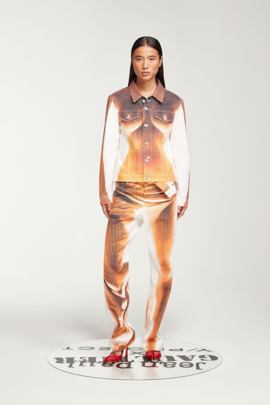 Jpg Xy/Projet Jean Paul Gaultier | La Veste Denim Body Morph Fitted Blanche Et Orange